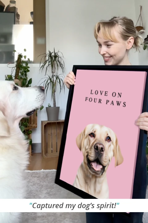 happy customer showing dog its pet portrait